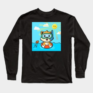 Cute Cat Snorkeling With Swimming Tires Long Sleeve T-Shirt